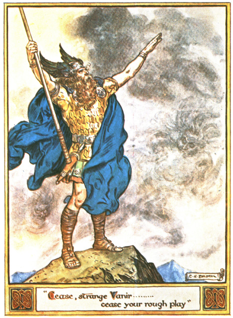 C.E Brock illustration for The Heroes of Asgard by A & E Keary depicting  Odin stepped forth calm and unruffled, spread his arms towards the sky, and called out to the spirits of the wind, Cease, strange Vanir, cease your rough play, and tell us in what manner we have offended you that you serve us thus.